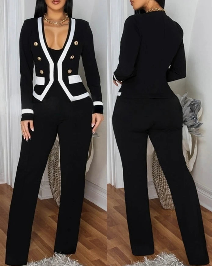 Women's Two Piece Elegant Commuting V-Neck Buttoned Vest Top and Contrast Paneled High Waist Pocket Design Wide Leg Pants Set
