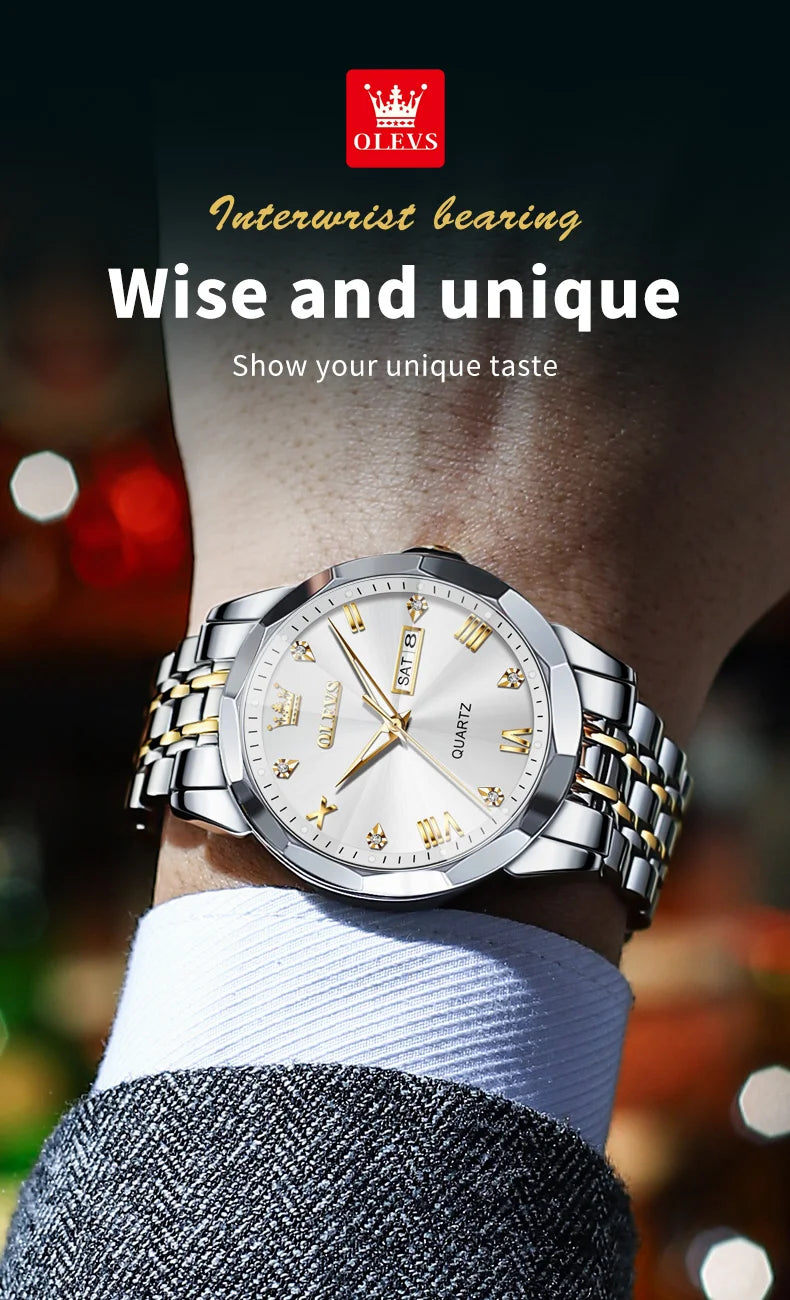 OLEVS New Watch for Men Original Quartz Waterproof Male Wristwatch Gold Stainless Steel Strap High-end Luxury Man Watch Clock