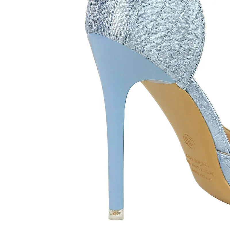 Women 11cm High Heels Retro Green Blue Fashion Catwalk Pumps Lady Silk Satin Heels Stone Pattern Design Shoes Plus Size 34-43