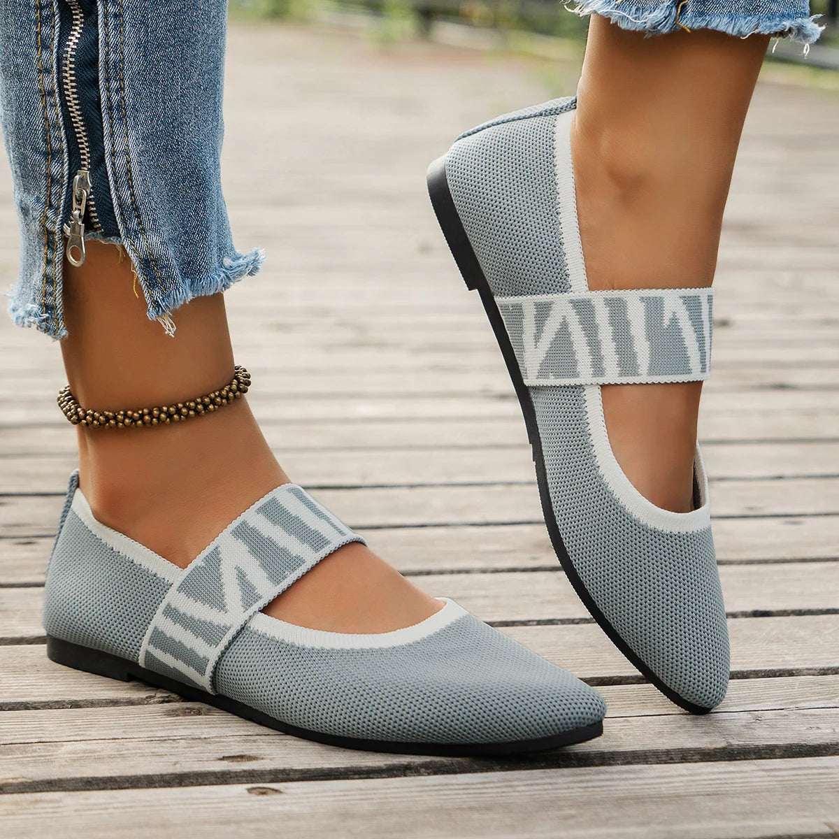 Knitted Color-block Women's Flat Shoes Dressy Ballet Flats Casual striped straps Pointed Toe Loafers Female