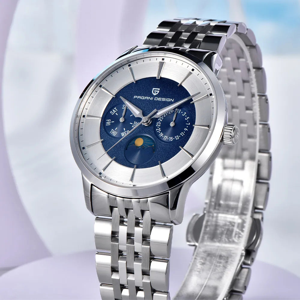 Pagani Design 2025 New 40mm Moon Phase Multifunctional Men Watch 100m Waterproof Sapphire Glass Men Quartz Watches