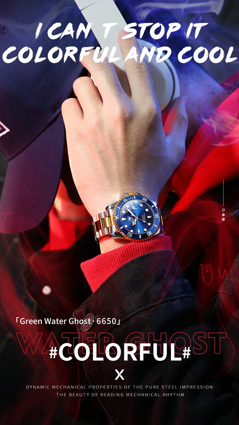 OLEVS 6650 Men Watch Classic Original Automatic Mechanical Watch For Man Zircon Scale Waterproof Luminous Stainless Steel Reloj