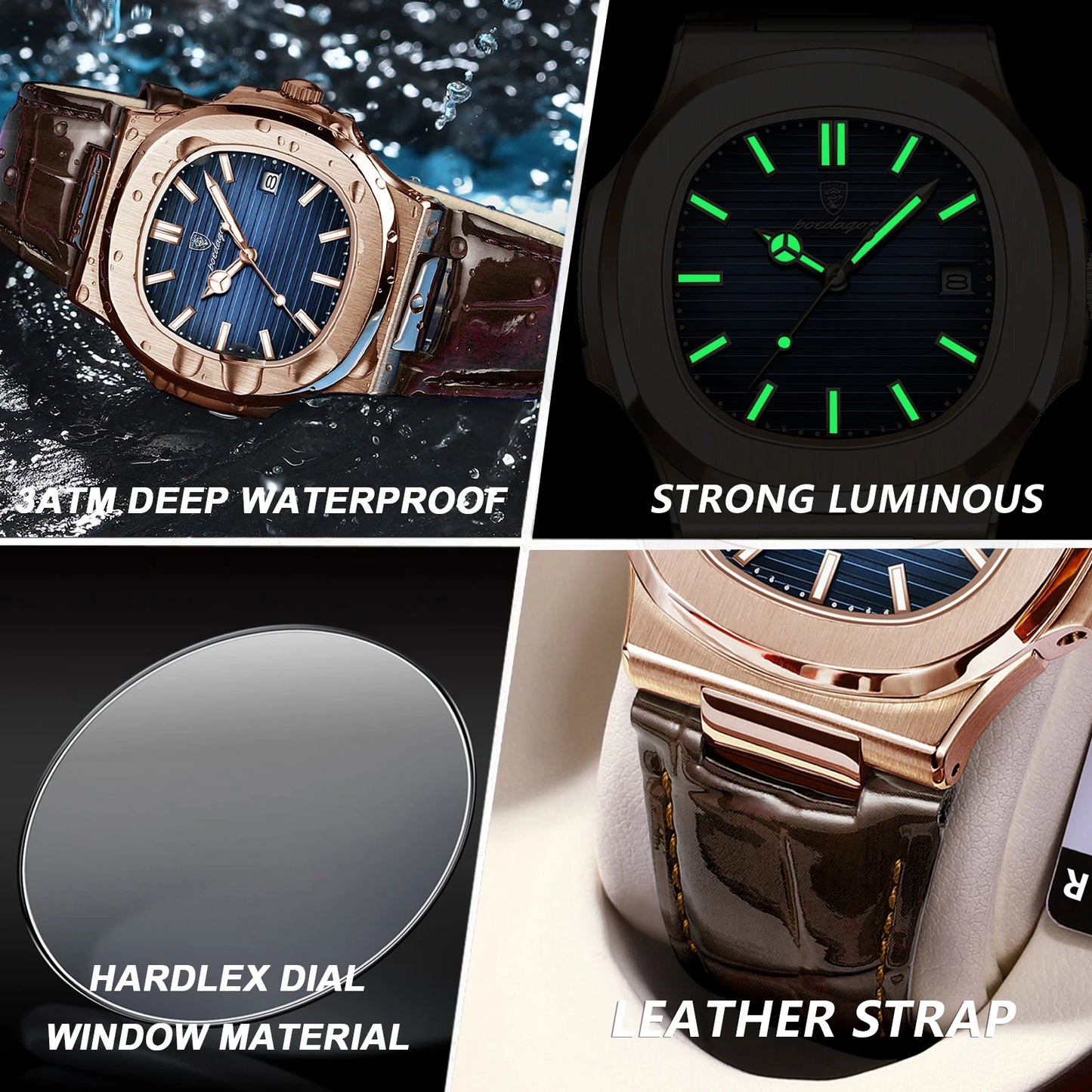POEDAGAR Top Luxury Square Man Watch Date Waterproof Luminous Quartz Men Watches High Quality Fashion Sports Leather Men's Watch