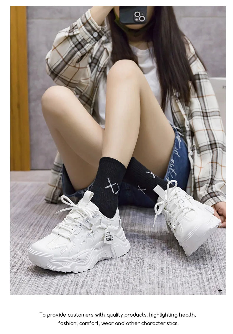 Women's Shoes Platform Autumn Leather 2023 New Versatile Black Casual Sneaker Solid Color Lace-up Vulcanize Shoes Tenis Feminino