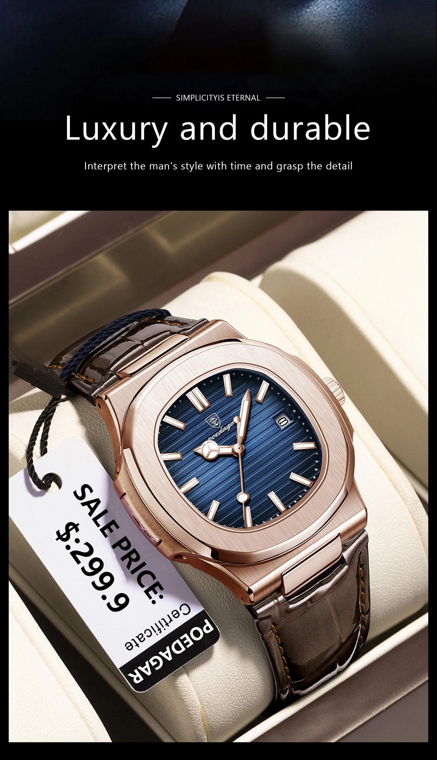 POEDAGAR Top Luxury Square Man Watch Date Waterproof Luminous Quartz Men Watches High Quality Fashion Sports Leather Men's Watch