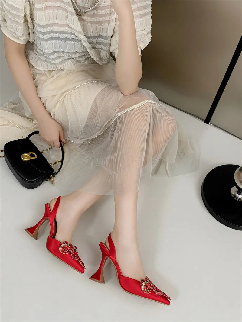 Liyke Spring Summer Fashion Crystal Rhinestone Women Pumps Sexy Pointed Toe Red High Heels Party Wedding Prom Shoe Sandal Female