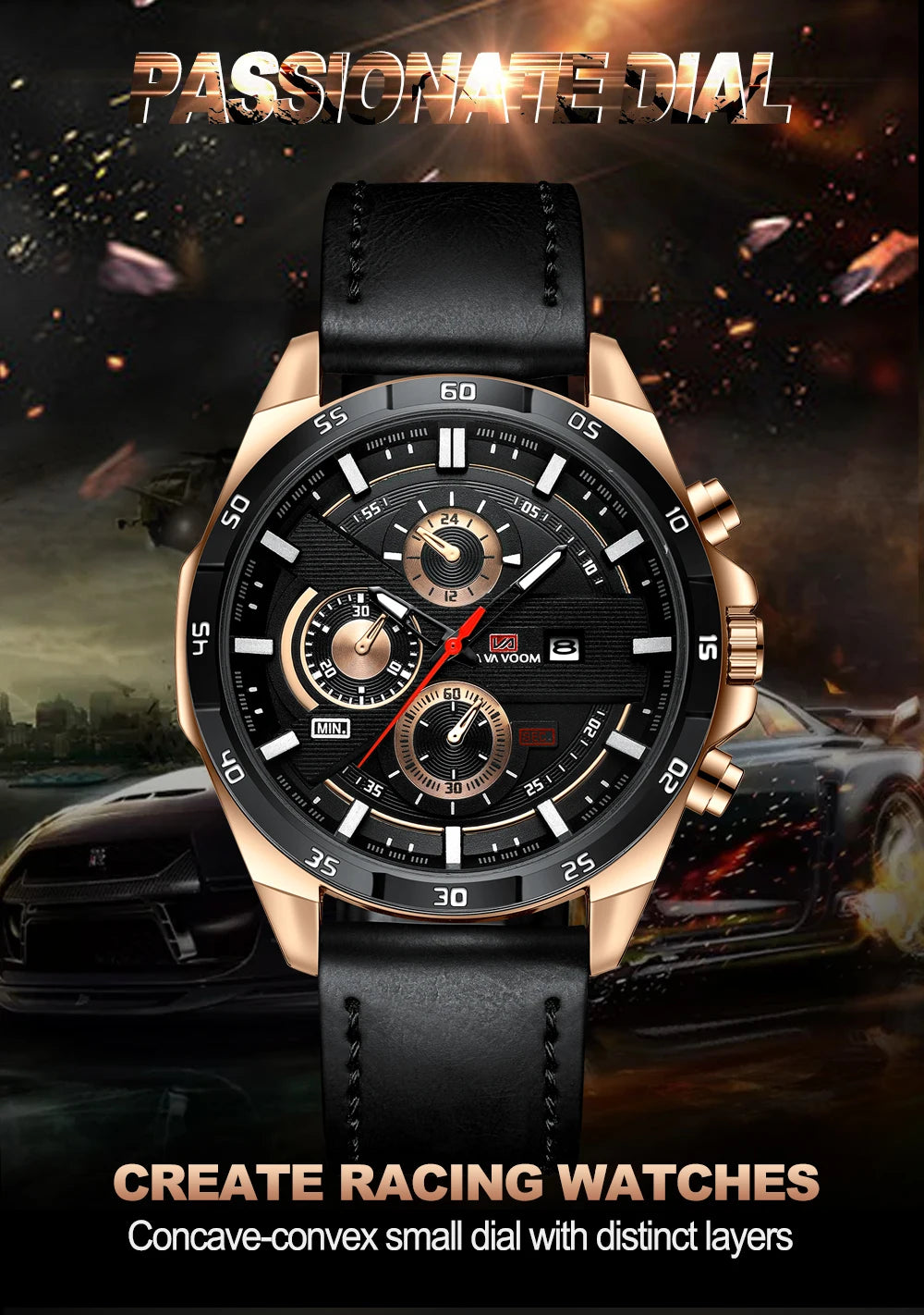 Black Leather Watch Top Brand Motorsport Series 46mm Large Military Style Quartz Movement Decorative Calendar Watch reloj hombre