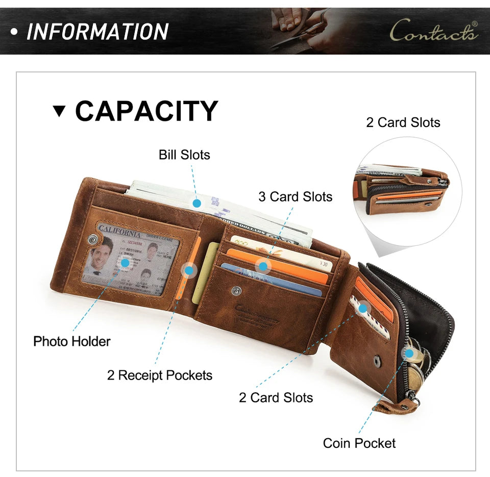 CONTACT'S Genuine Crazy Horse Leather Men Wallets Vintage Trifold Wallet Zip Coin Pocket Purse Cowhide Leather Wallet For Mens