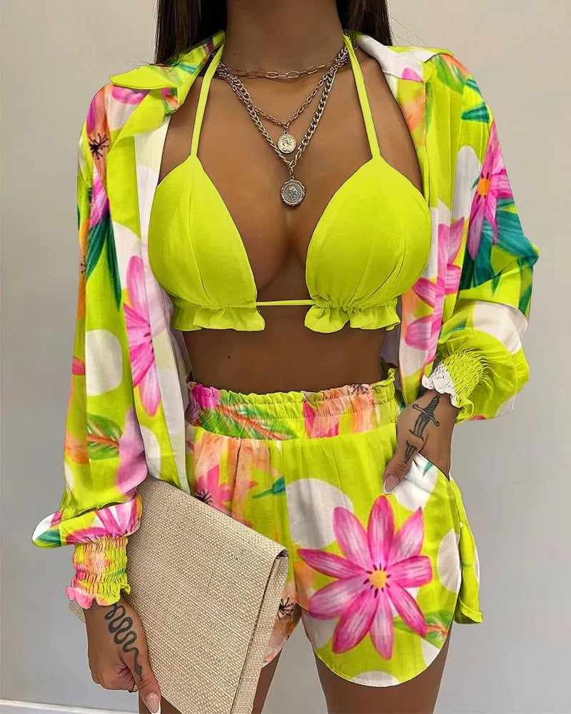 Three Pieces Swimwear Sexy Beachwear High Waist Bikini Set Print Women's Swimsuit
