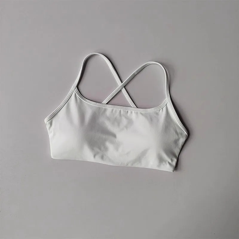 Women's Solid Color Fitness Bra Soft Cross Back Gym Sports Top with Chest Pad Push-Up Yoga Vest Sport Bra Yoga Gym Crop Top