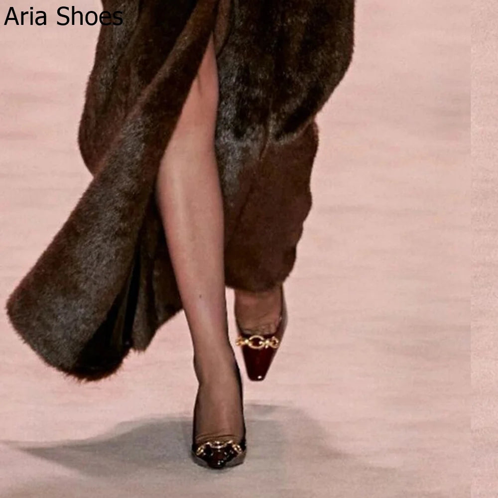 2025 New Summer Black High Heels Women's French Design Elegant 10Cm Stiletto Pumps Slip On Leather Pointed Toe Metal Buckle Shoe