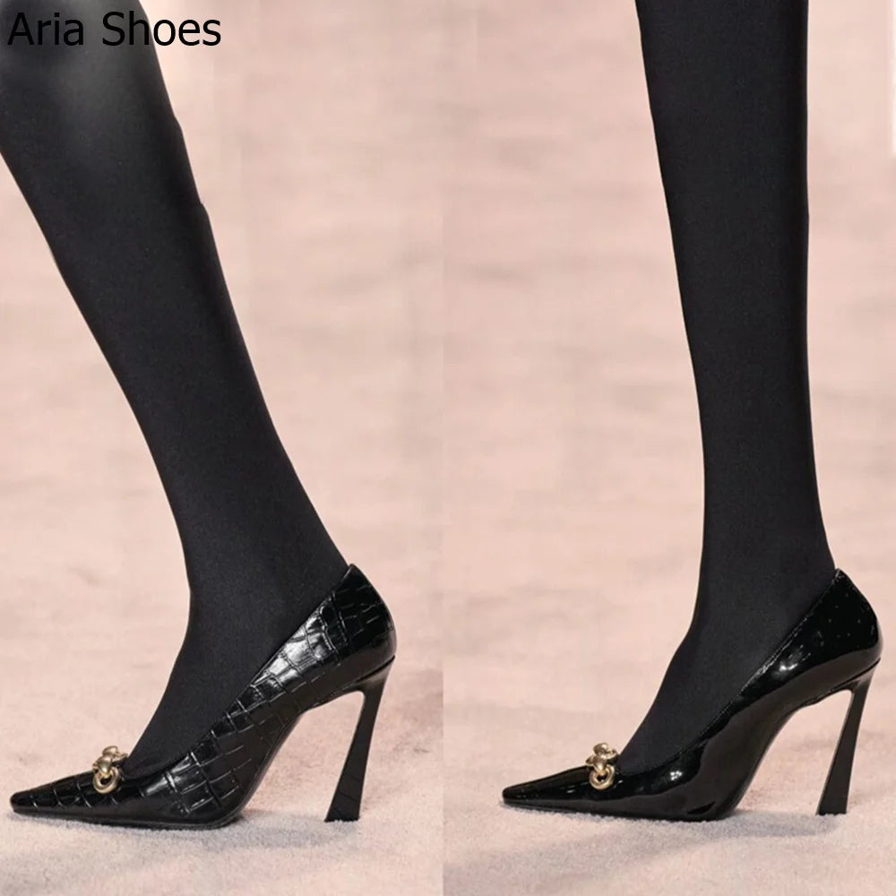 2025 New Summer Black High Heels Women's French Design Elegant 10Cm Stiletto Pumps Slip On Leather Pointed Toe Metal Buckle Shoe