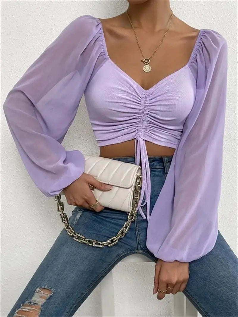 Ladies Summer Casual Drawstring Crop Tops Tee