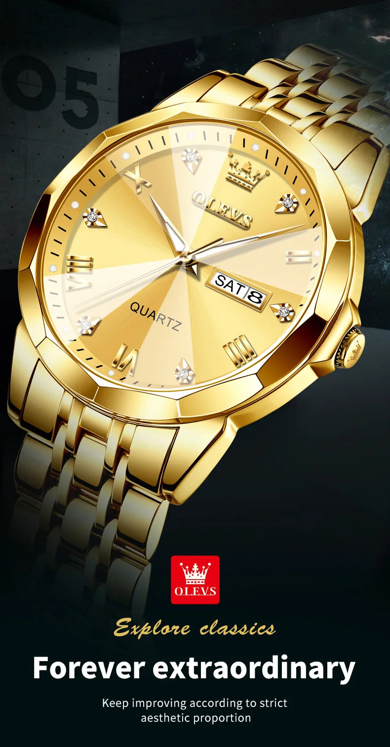 OLEVS New Watch for Men Original Quartz Waterproof Male Wristwatch Gold Stainless Steel Strap High-end Luxury Man Watch Clock