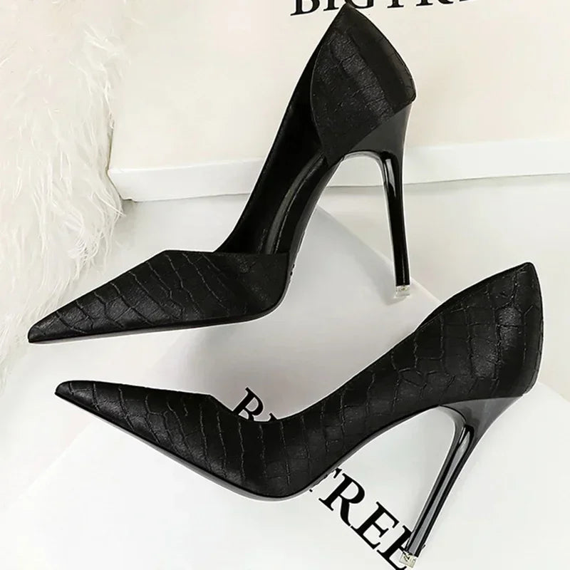 Women 11cm High Heels Retro Green Blue Fashion Catwalk Pumps Lady Silk Satin Heels Stone Pattern Design Shoes Plus Size 34-43