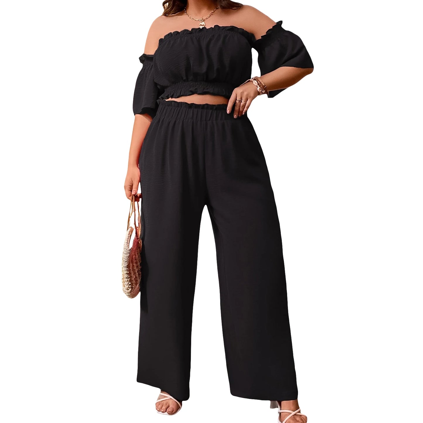 Women’s 2 Piece Black Outfits Sexy Ladies Plus Size Off Shoulder Short Sleeve Crop Tops with Pants Plus Size Sets Streetwear
