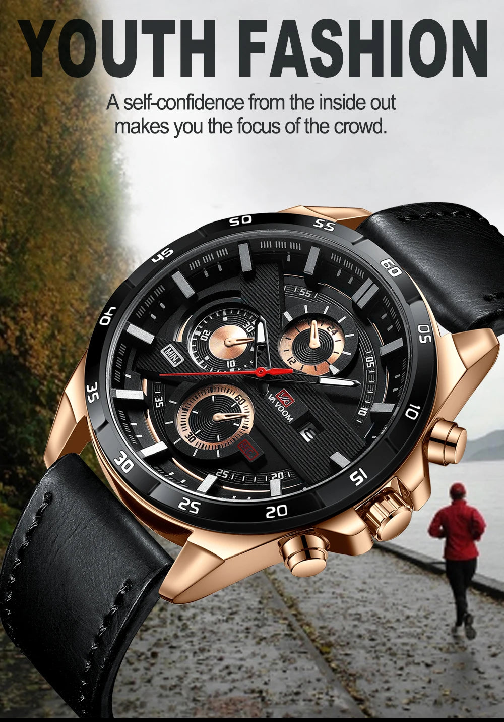 Black Leather Watch Top Brand Motorsport Series 46mm Large Military Style Quartz Movement Decorative Calendar Watch reloj hombre