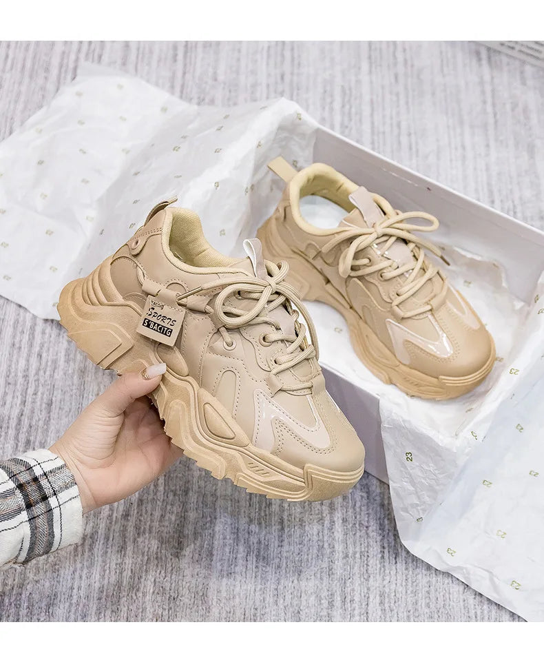 Women's Shoes Platform Autumn Leather 2023 New Versatile Black Casual Sneaker Solid Color Lace-up Vulcanize Shoes Tenis Feminino