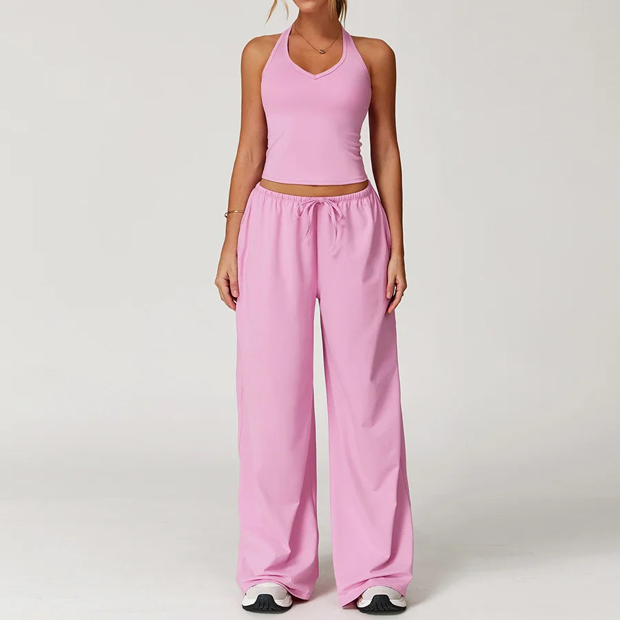 Yoga yellow gym Set 2 Pieces Women Clothes Workout Outfits Fitness Sportswear Wide leg straight pants Tracksuit Sports Tank suit