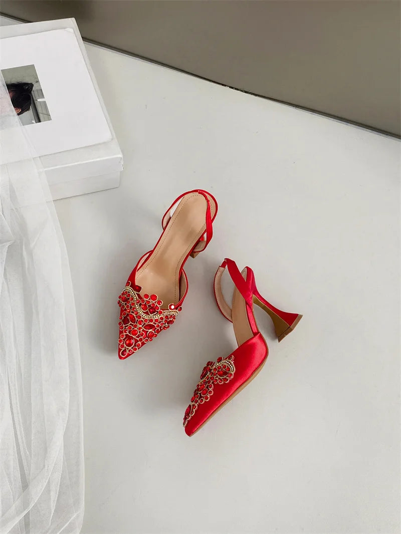 Liyke Spring Summer Fashion Crystal Rhinestone Women Pumps Sexy Pointed Toe Red High Heels Party Wedding Prom Shoe Sandal Female
