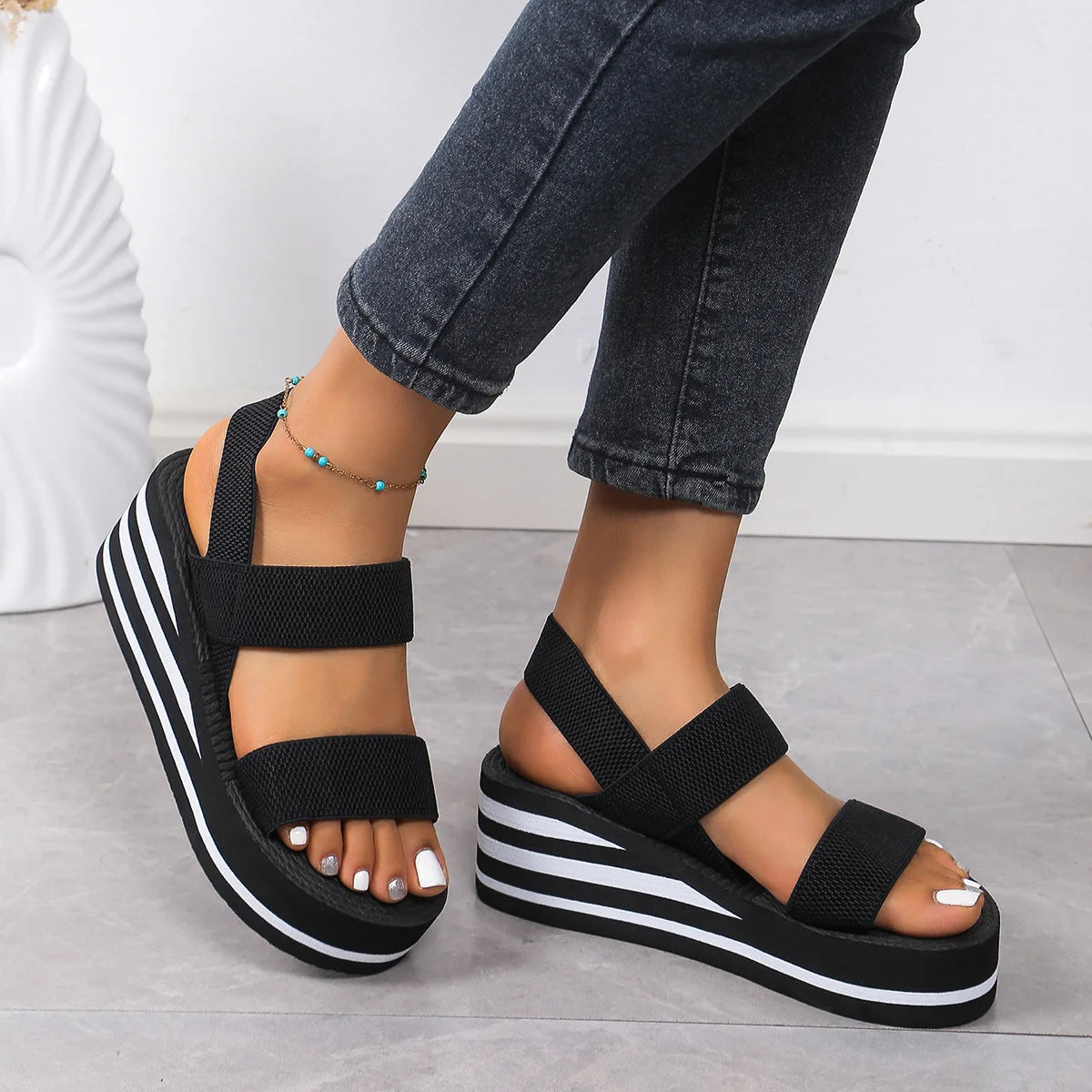 Women's Leisure Wedge Sandals Open Toe Thick Soled Platform Summer Casual Shoes Back Strap Light Weight Ladies Slingback Sandals