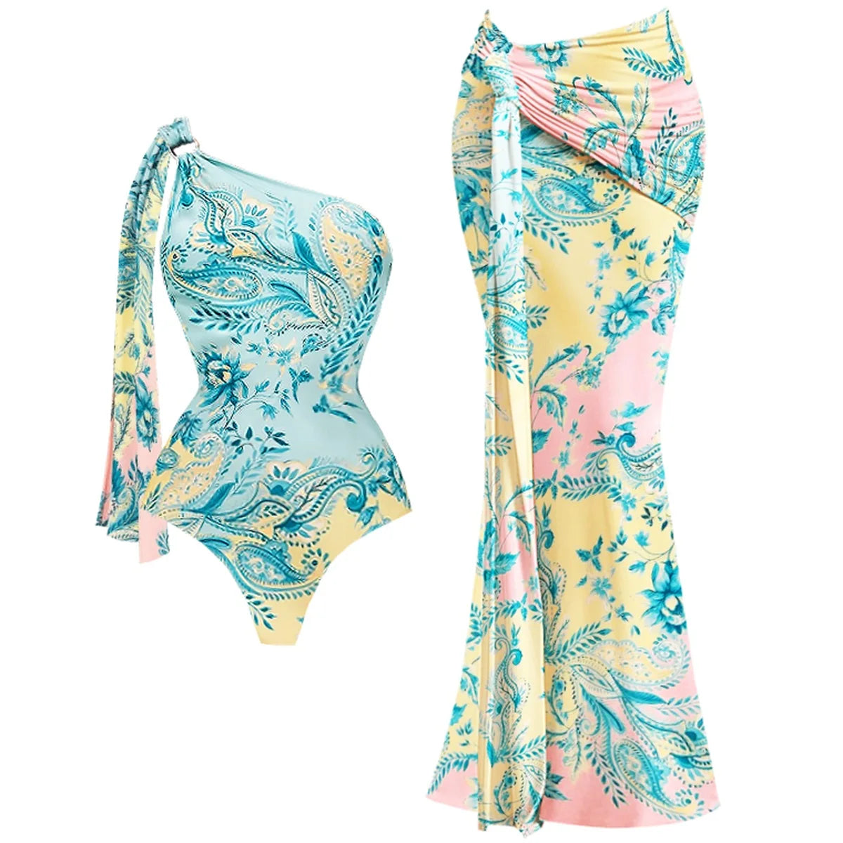 2Pcs Swimsuit with Long Skirt Sexy Women Bikini Beachwear