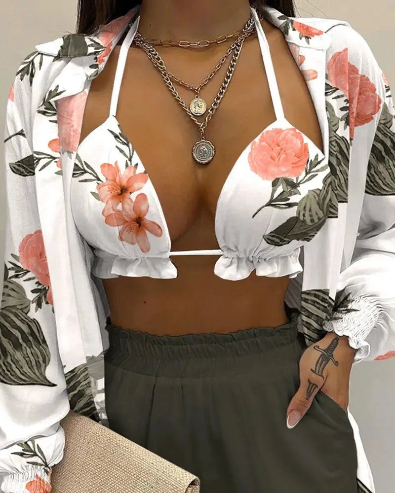 Three Pieces Swimwear Sexy Beachwear High Waist Bikini Set Print Women's Swimsuit