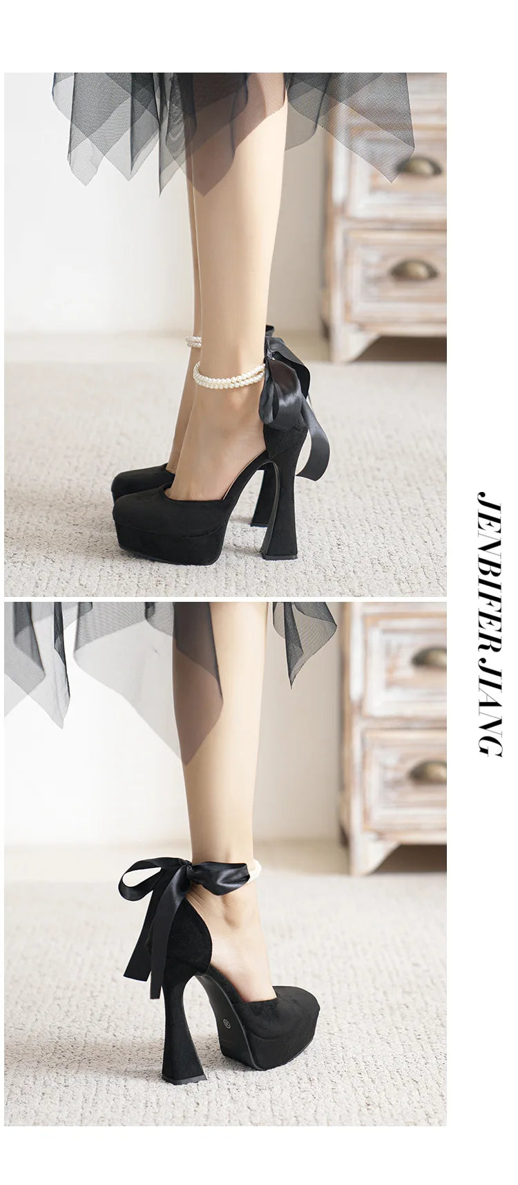 2025 Summer High Heels Womens Sandals Fashion Super High Heels Sandals Bow One Word Buckle Square Head Coarse Heels Ladies Shoes