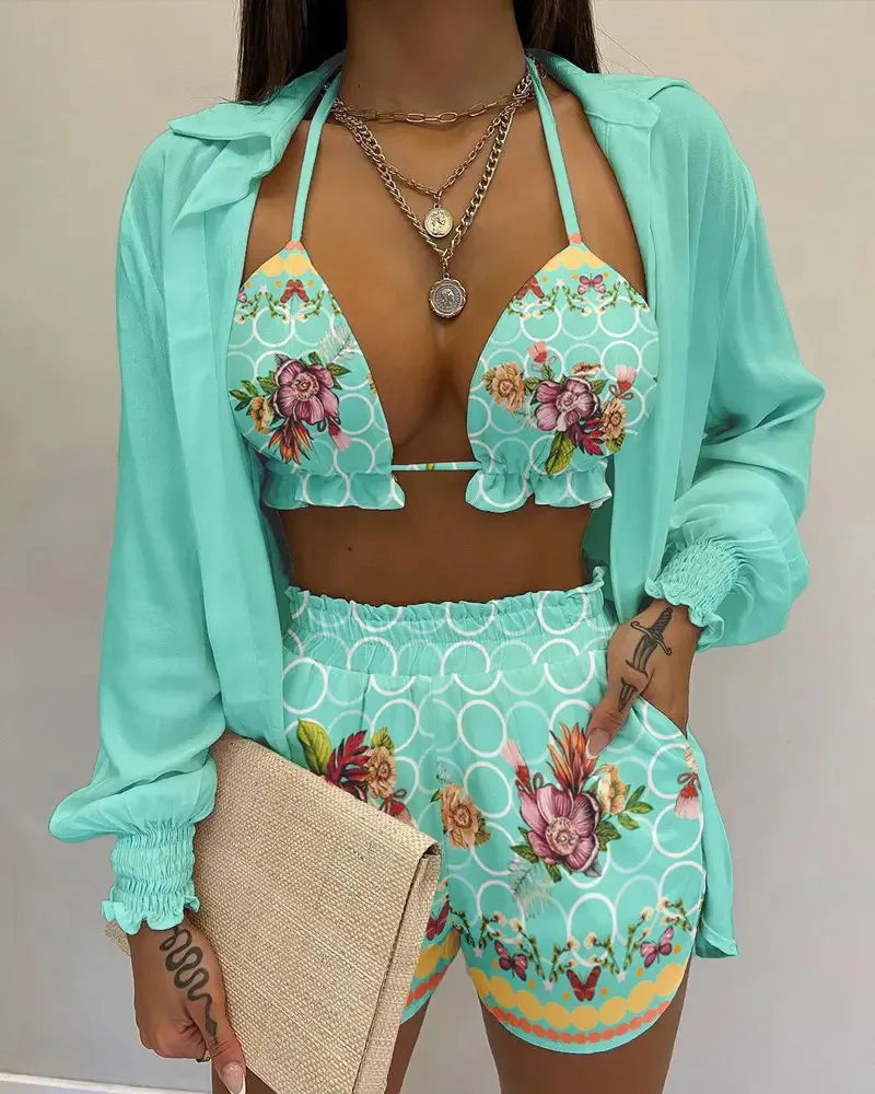 Three Pieces Swimwear Sexy Beachwear High Waist Bikini Set Print Women's Swimsuit