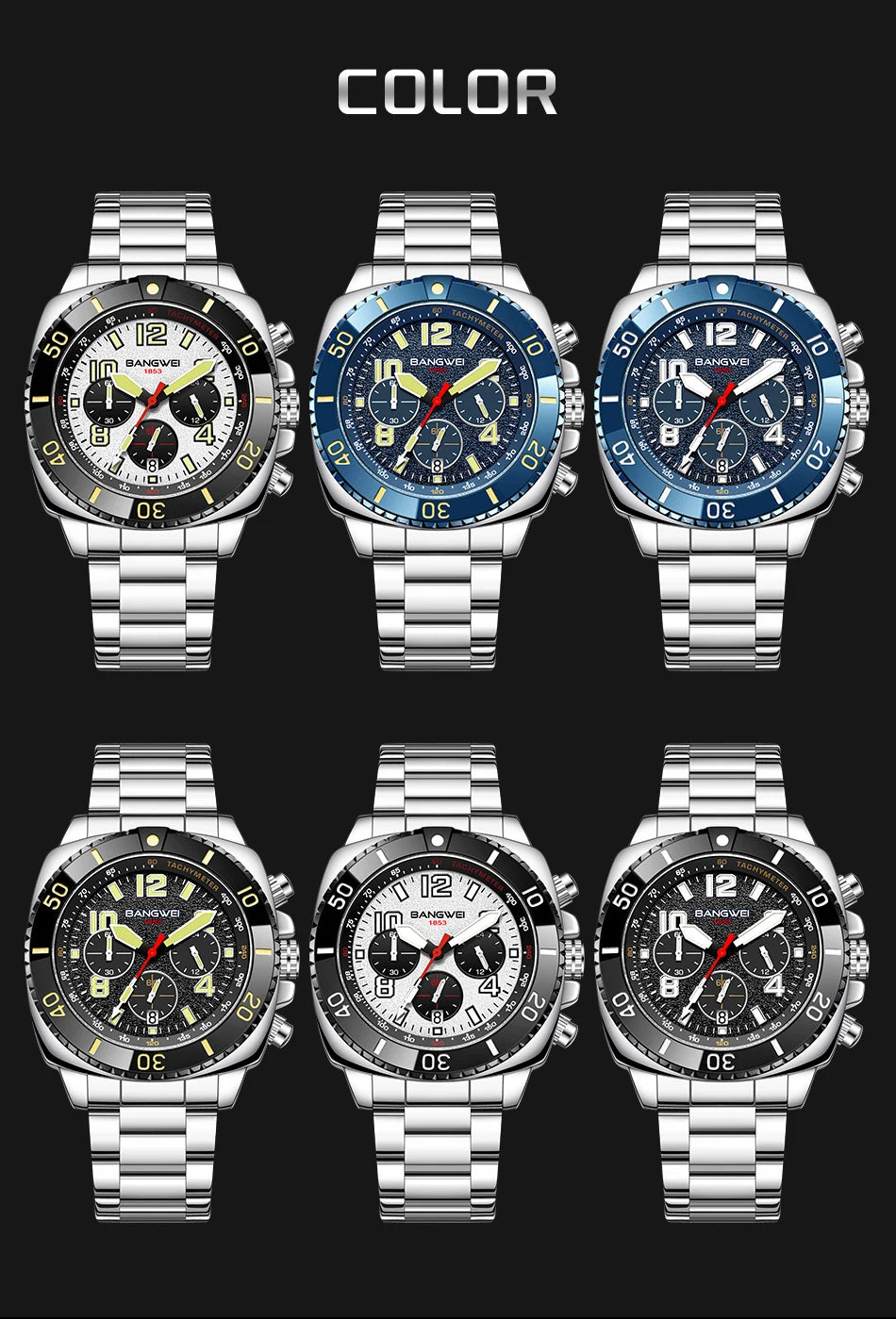 BANGWEI 2025 Luxury Watches Men Fashion Sports Quartz Wristwatches 30M Waterproof Luminous Chronograph Mens Watch Reloj Hombre