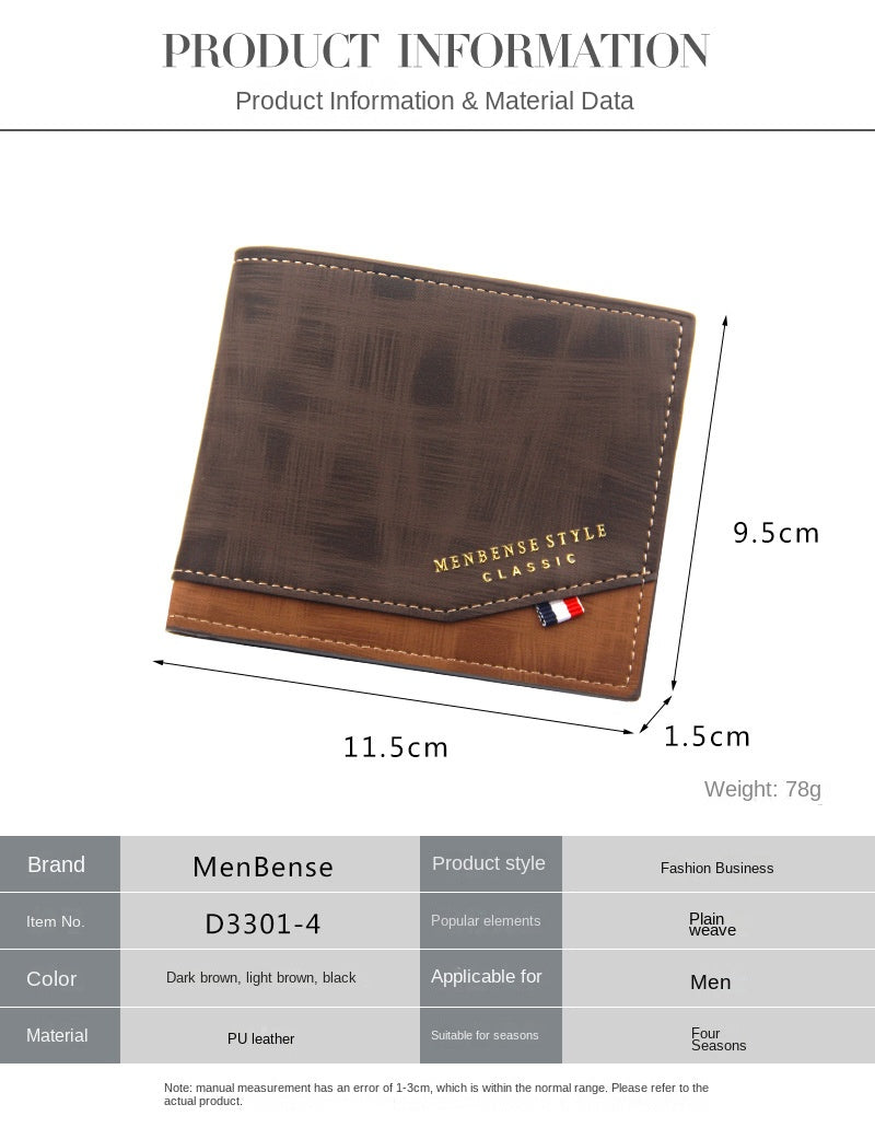 New Men's Wallet Short Cross Section Youth Tri-fold Wallet Stitching Business Multi-card Zipper Coin Purse Wallet Passport Cover