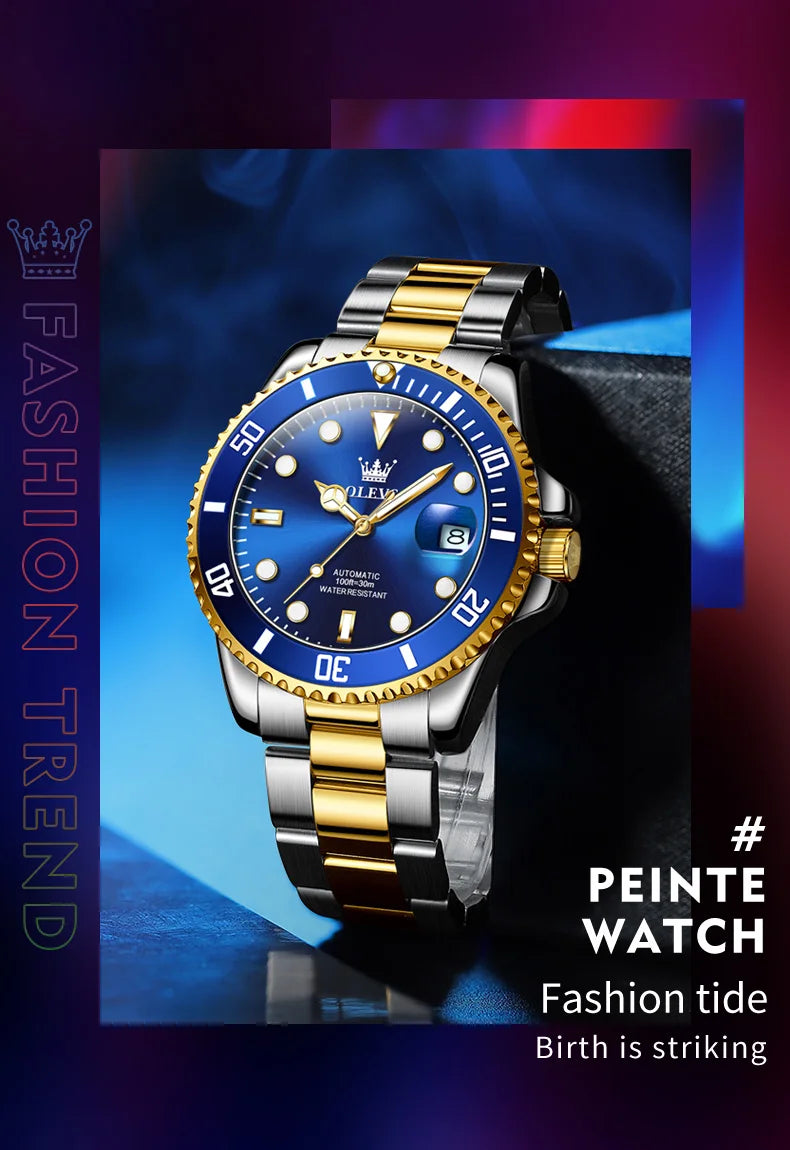 OLEVS 6650 Men Watch Classic Original Automatic Mechanical Watch For Man Zircon Scale Waterproof Luminous Stainless Steel Reloj