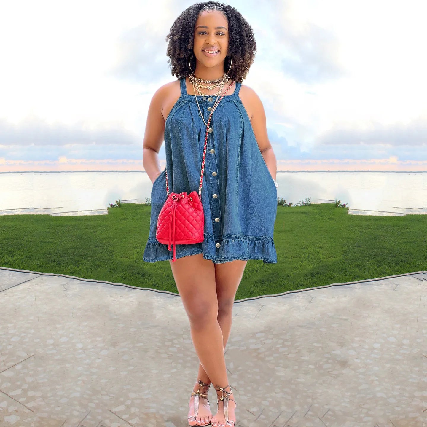Elegant Women Denim Spaghetti Strap Dress