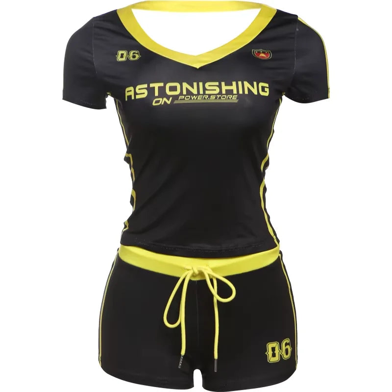 Sisterlinda Casual Summer 2 Piece Set Letter Print Crew Neck Short Sleeve T-shirts+Drawstring Slim Mini Bottoms Female Tracksuit