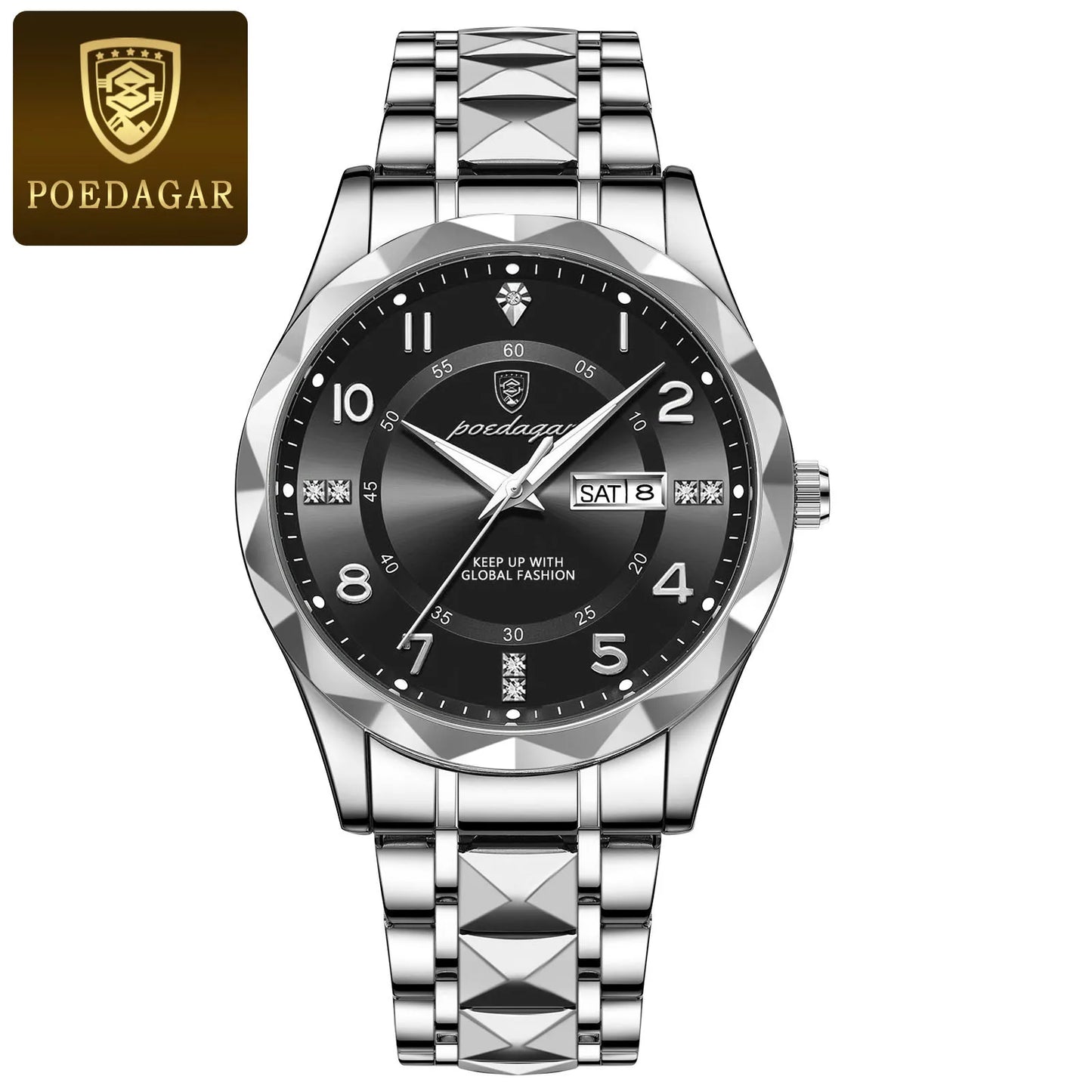 POEDAGAR Luxury Business Men's Wristwatch Stainless Steel Date Week Man Watch Waterproof Luminous Fashion Quartz Watches For Men