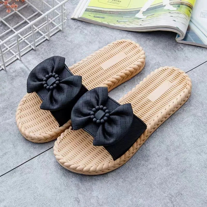 2024 Summer PVC Bow Women Sandals 3cm Thick Casual Shoes One line Elevated Flat Bottom Slippers