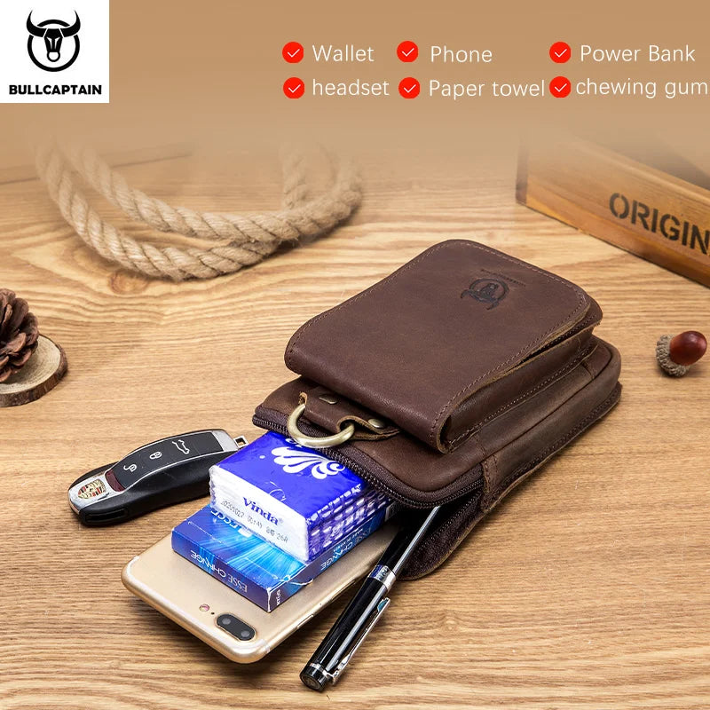 BULLCAPTAIN Fashion Quality Leather Small Summer Pouch Hook Design Waist Pack Bag Cigarette Case 6" Phone Pouch Waist Belt Bag