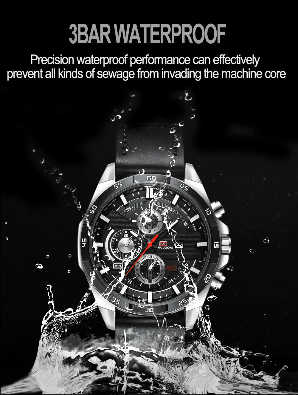 Black Leather Watch Top Brand Motorsport Series 46mm Large Military Style Quartz Movement Decorative Calendar Watch reloj hombre