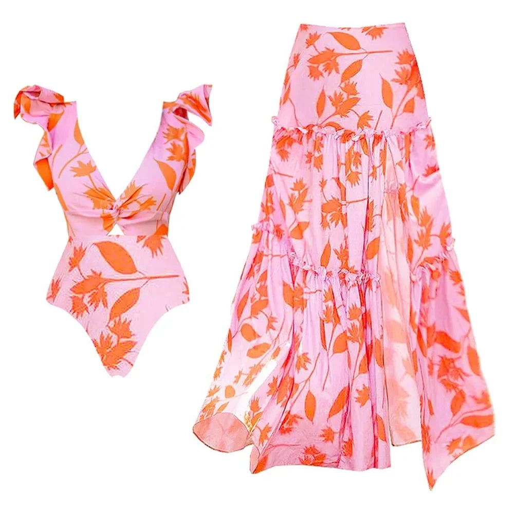 Women Swimsuit with Skirt Beachwear