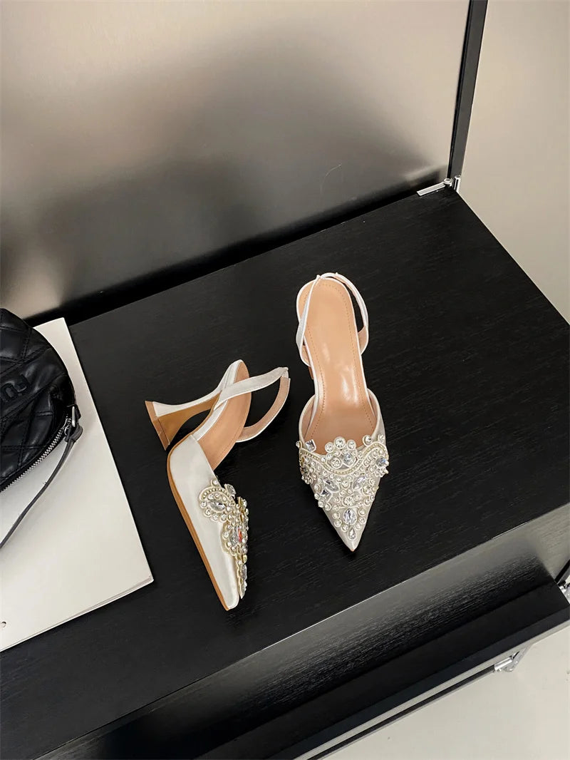 Liyke Spring Summer Fashion Crystal Rhinestone Women Pumps Sexy Pointed Toe Red High Heels Party Wedding Prom Shoe Sandal Female