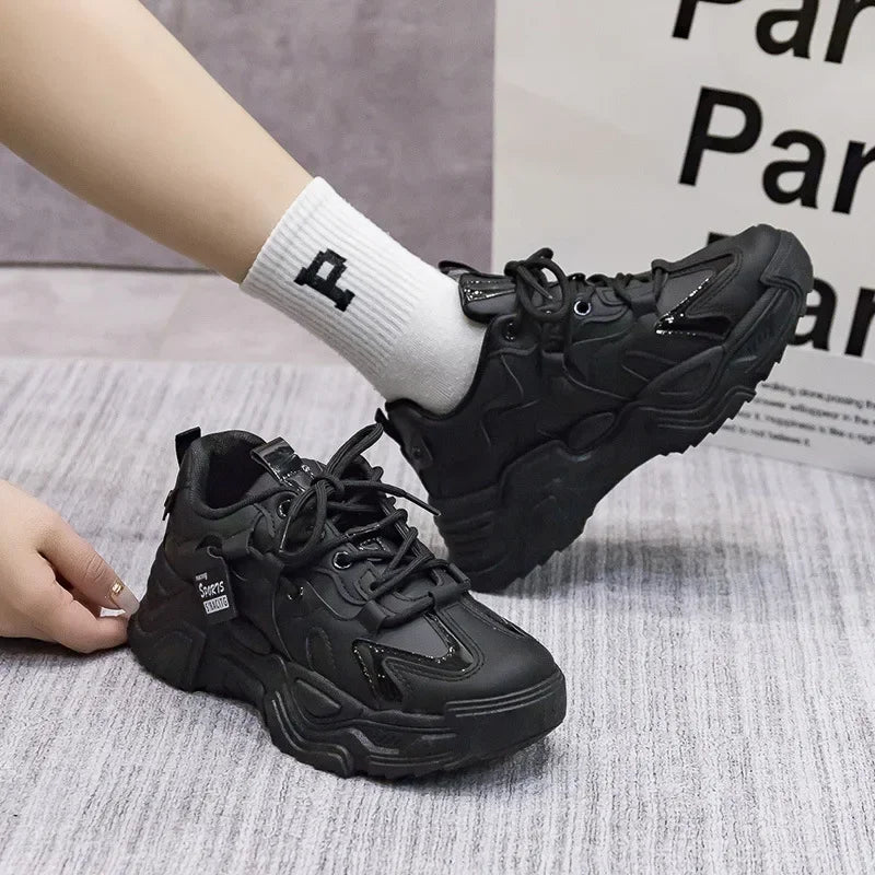 Women's Shoes Platform Autumn Leather 2023 New Versatile Black Casual Sneaker Solid Color Lace-up Vulcanize Shoes Tenis Feminino