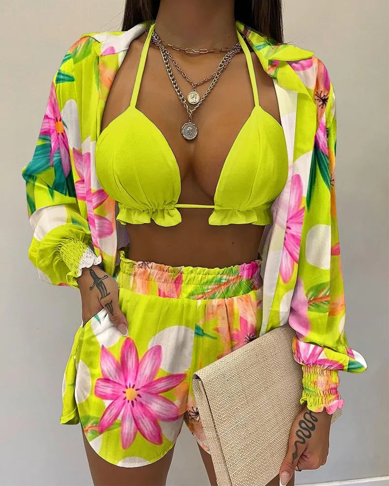 Three Pieces Swimwear Sexy Beachwear High Waist Bikini Set Print Women's Swimsuit