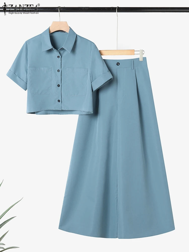 ZANZEA Plus Size 5XL Women Pant Sets Summer Two-piece Outfits Fashion Short Sleeve Shirts and High Waist Wide Leg Pants Suits