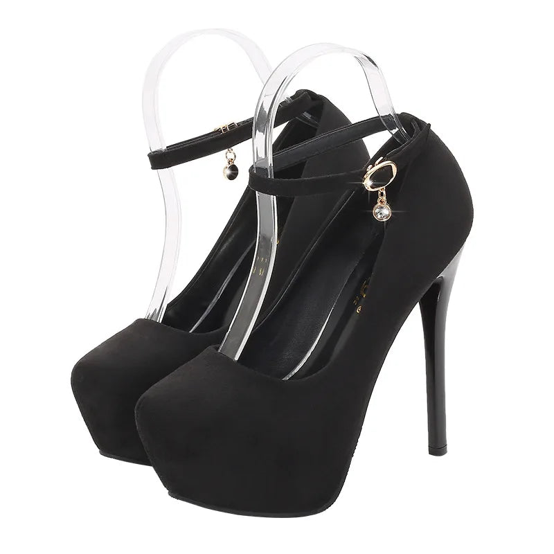 Women's One-button Round Toe High Heels Women's Stiletto High Waterproof Platform Suede Single Shoes