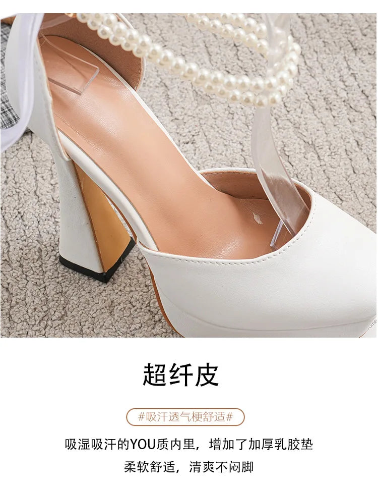 2025 Summer High Heels Womens Sandals Fashion Super High Heels Sandals Bow One Word Buckle Square Head Coarse Heels Ladies Shoes