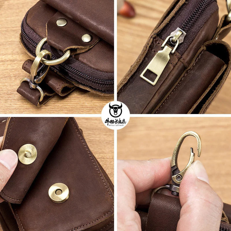 BULLCAPTAIN Fashion Quality Leather Small Summer Pouch Hook Design Waist Pack Bag Cigarette Case 6" Phone Pouch Waist Belt Bag