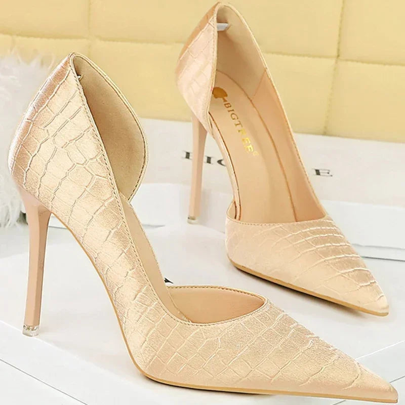 Women 11cm High Heels Retro Green Blue Fashion Catwalk Pumps Lady Silk Satin Heels Stone Pattern Design Shoes Plus Size 34-43