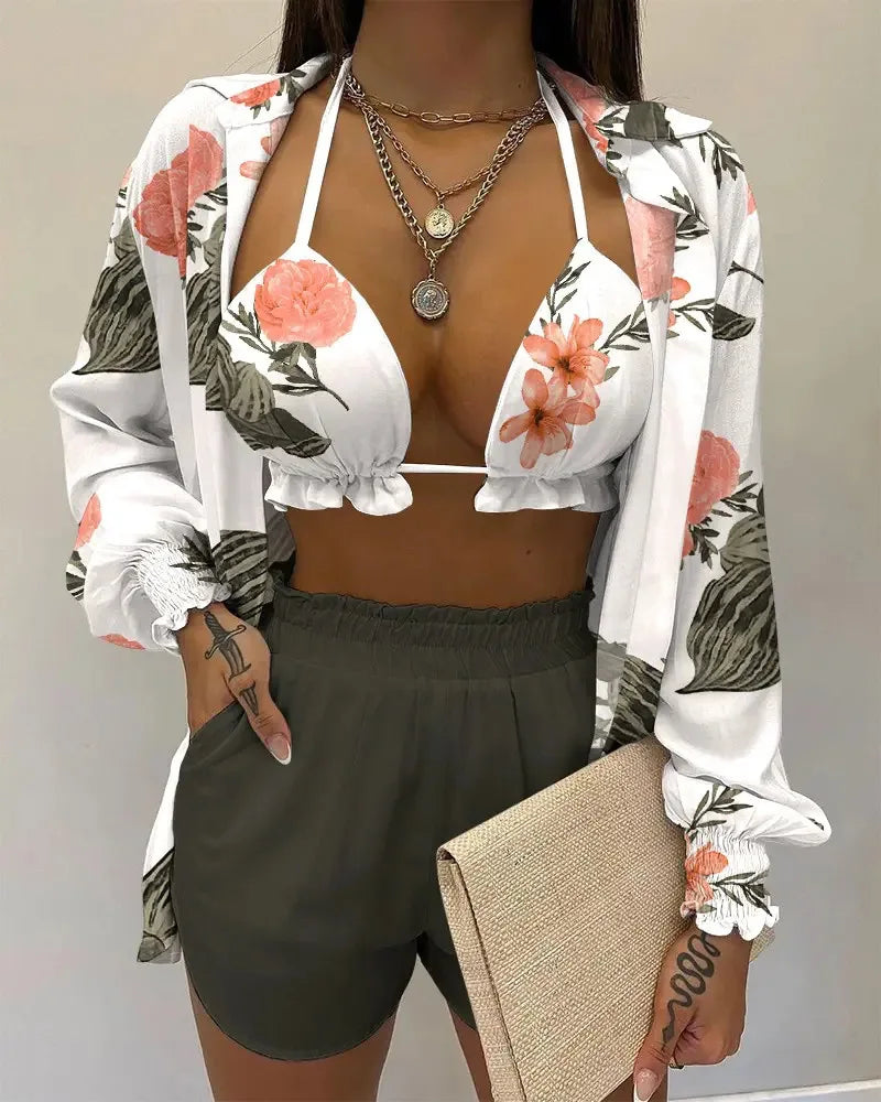 Three Pieces Swimwear Sexy Beachwear High Waist Bikini Set Print Women's Swimsuit