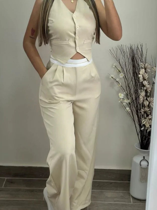 Women's Two Piece Elegant Commuting V-Neck Buttoned Vest Top and Contrast Paneled High Waist Pocket Design Wide Leg Pants Set
