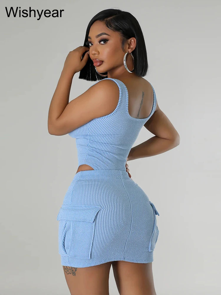 Swimsuit 2 Pieces Set Women Mini Skirts with Pocket Beach Outfits